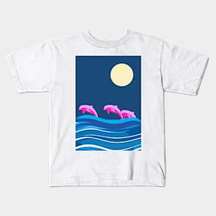 Dolphin jumping in the waves by night Kids T-Shirt